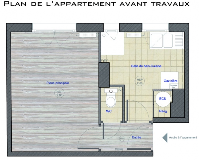 Restructuration complte d'un petit appartement : plan de l'appartement avant travaux sans coordonnes