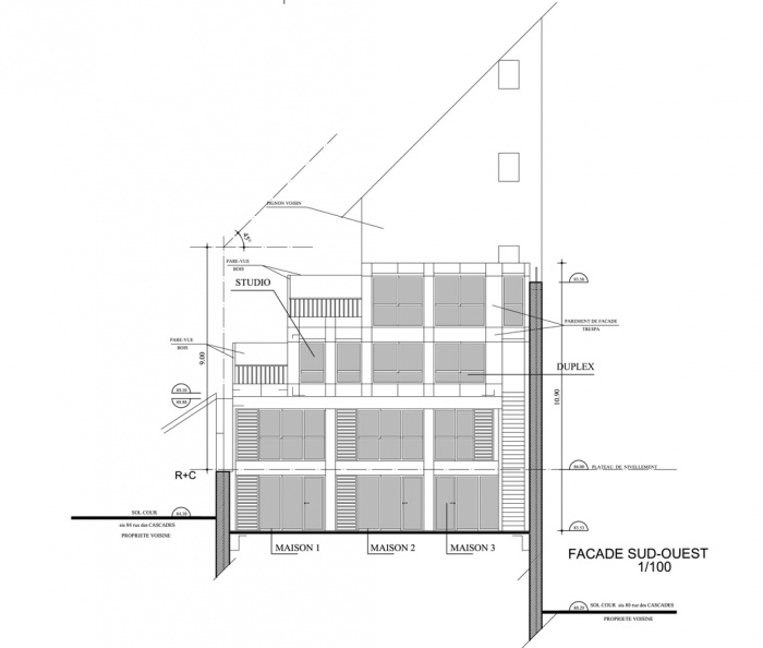 Trois maisons de ville, duplex et studio : faade sud ouest